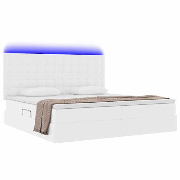 LED-valgustusega voodiraam peatsiga koos 2 madratsiga, puhas valge, 200 × 200 cm, kunstnahk — mudel 3372318