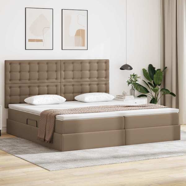 LED-valgustusega voodiraam peatsiga koos 2 madratsiga, cappuccino, 200 × 200 cm, kunstnahk — mudel 3372320