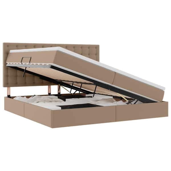 LED-valgustusega voodiraam peatsiga koos 2 madratsiga, cappuccino, 200 × 200 cm, kunstnahk — mudel 3372320