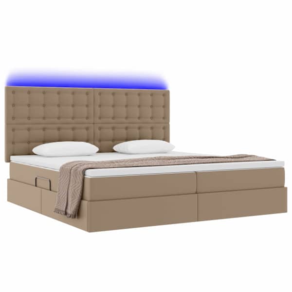 LED-valgustusega voodiraam peatsiga koos 2 madratsiga, cappuccino, 200 × 200 cm, kunstnahk — mudel 3372320
