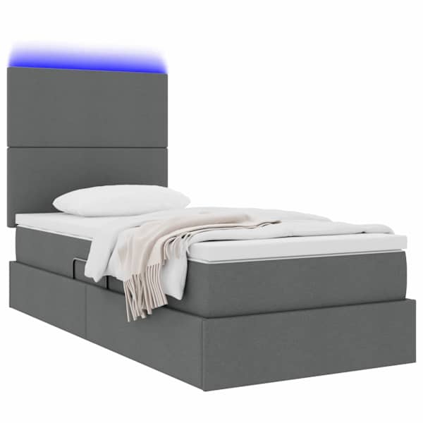 LED-valgustusega voodiraam peatsiga koos madratsiga, tumehall, 100 × 200 cm, kangas — mudel 3372334