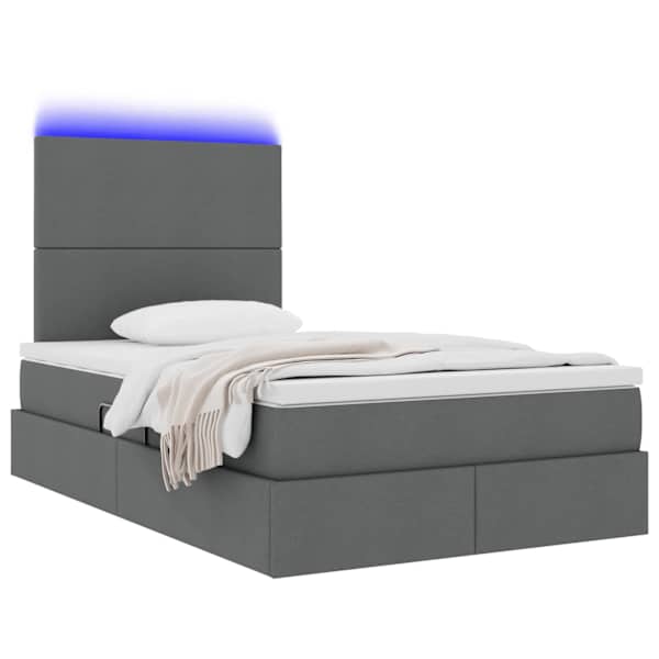 LED-valgustusega voodiraam peatsiga koos madratsiga, tumehall, 120 × 200 cm, kangas — mudel 3372346