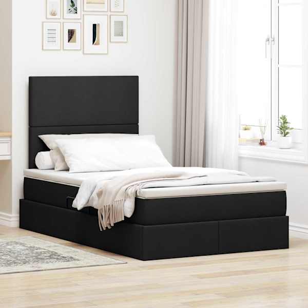 LED-valgustusega voodiraam peatsiga koos madratsiga, must, 120 × 200 cm, kangas — mudel 3372347