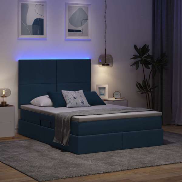 LED-valgustusega voodiraam peatsiga koos madratsiga, sinine, 140 × 190 cm, kangas — mudel 3372356
