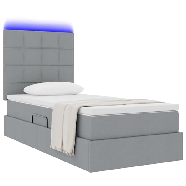 LED-valgustusega voodiraam peatsiga koos madratsiga, helehall, 90 × 190 cm, kangas — mudel 3372384