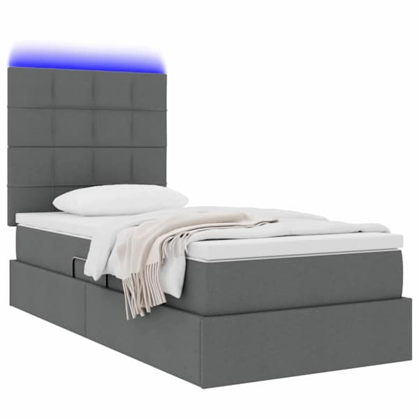 LED-valgustusega voodiraam peatsiga koos madratsiga, tumehall, 90 × 190 cm, kangas — mudel 3372385