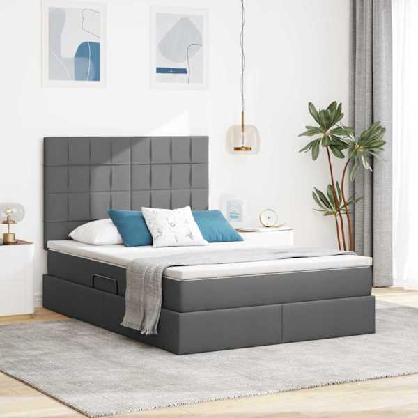 LED-valgustusega voodiraam peatsiga koos madratsiga, tumehall, 140 × 200 cm, kangas — mudel 3372421