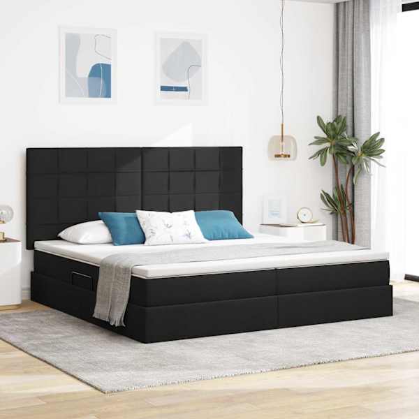 LED-valgustusega voodiraam peatsiga koos 2 madratsiga, must, 200 × 200 cm, kangas — mudel 3372440