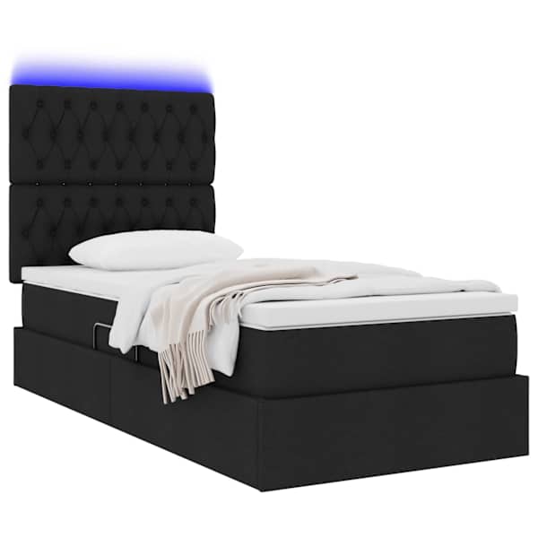 LED-valgustusega voodiraam peatsiga koos madratsiga, must, 90 × 200 cm, kangas — mudel 3372455