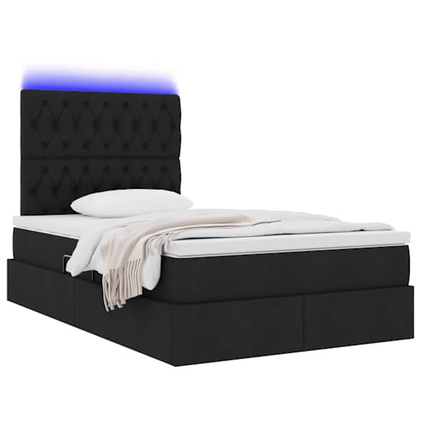 LED-valgustusega voodiraam peatsiga koos madratsiga, must, 120 × 200 cm, kangas — mudel 3372473