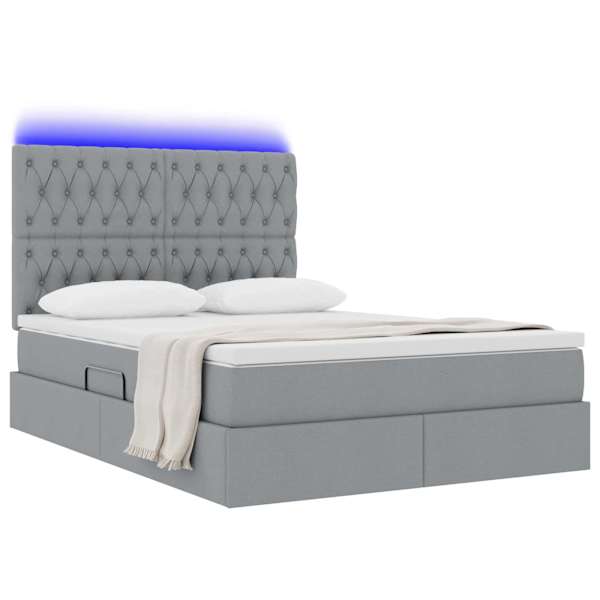 LED-valgustusega voodiraam peatsiga koos madratsiga, helehall, 140 × 190 cm, kangas — mudel 3372477