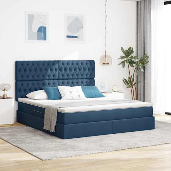 LED-valgustusega voodiraam peatsiga koos madratsiga, sinine, 180 × 200 cm, kangas — mudel 3372500