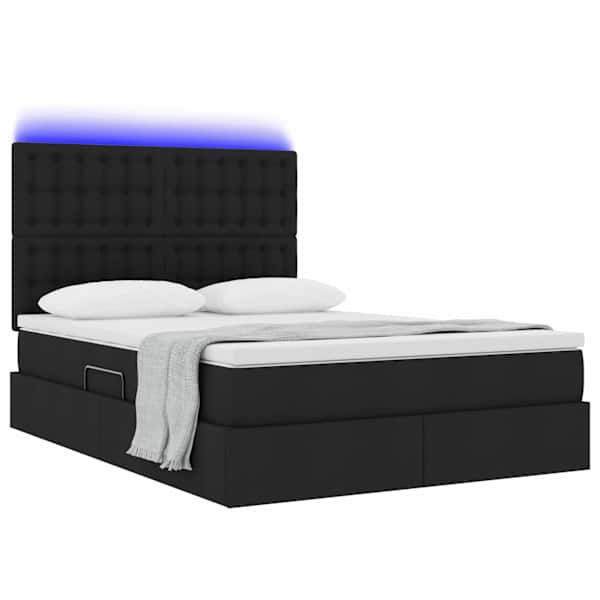 LED-valgustusega voodiraam peatsiga koos madratsiga, must, 140 × 190 cm, kangas — mudel 3372542