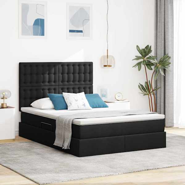 LED-valgustusega voodiraam peatsiga koos madratsiga, must, 140 × 200 cm, kangas — mudel 3372548