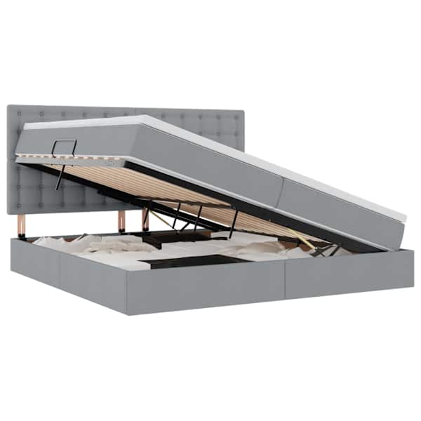 LED-valgustusega voodiraam peatsiga koos 2 madratsiga, helehall, 200 × 200 cm, kangas — mudel 3372564