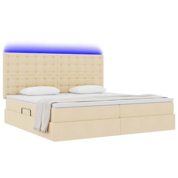 LED-valgustusega voodiraam peatsiga koos 2 madratsiga, kreem, 200 × 200 cm, kangas — mudel 3372568