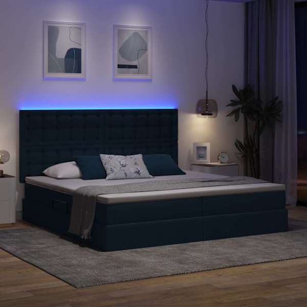 LED-valgustusega voodiraam peatsiga koos 2 madratsiga, sinine, 200 × 200 cm, kangas — mudel 3372569