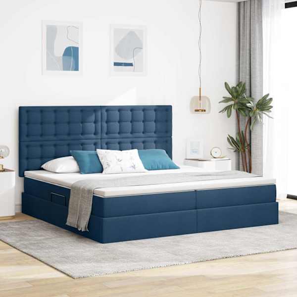 LED-valgustusega voodiraam peatsiga koos 2 madratsiga, sinine, 200 × 200 cm, kangas — mudel 3372569