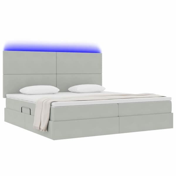 LED-valgustusega voodiraam peatsiga koos 2 madratsiga, helehall, 200 × 200 cm, samet — mudel 3372627
