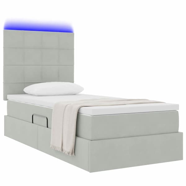 LED-valgustusega voodiraam peatsiga koos madratsiga, helehall, 90 × 190 cm, samet — mudel 3372633