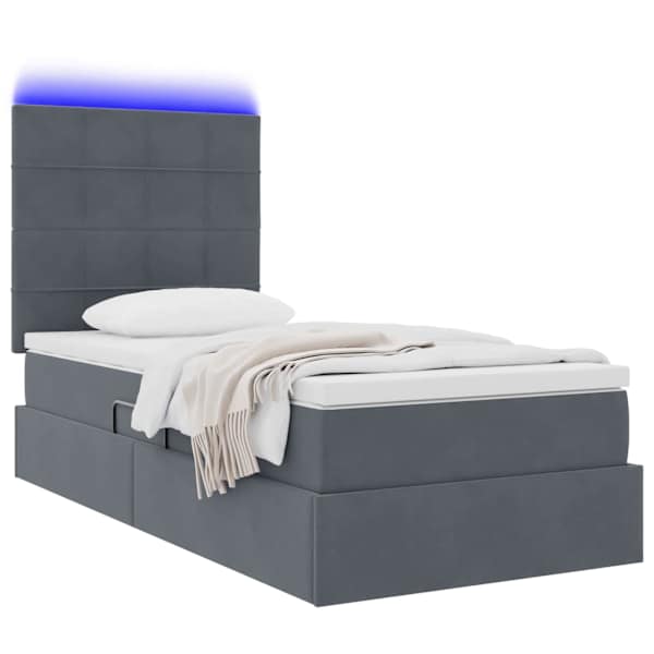 LED-valgustusega voodiraam peatsiga koos madratsiga, tumehall, 90 × 200 cm, samet — mudel 3372640