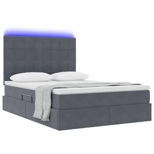 LED-valgustusega voodiraam peatsiga koos madratsiga, tumehall, 140 × 190 cm, samet — mudel 3372664