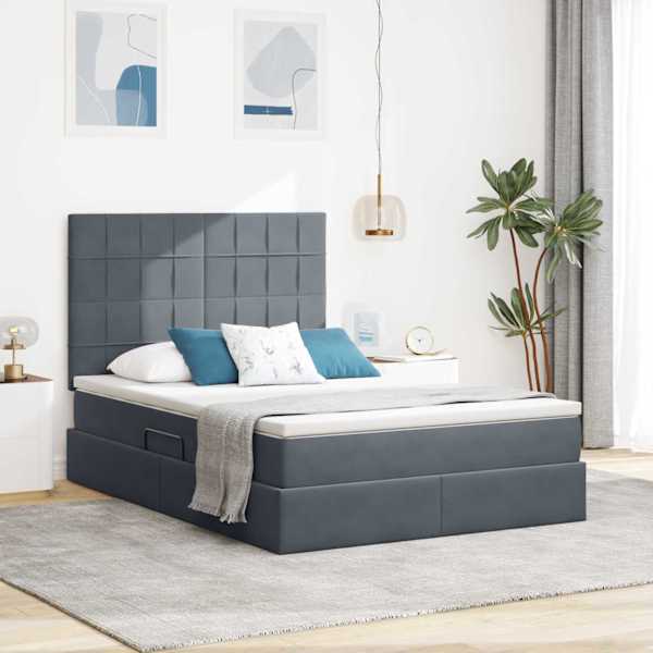 LED-valgustusega voodiraam peatsiga koos madratsiga, tumehall, 140 × 200 cm, samet — mudel 3372670
