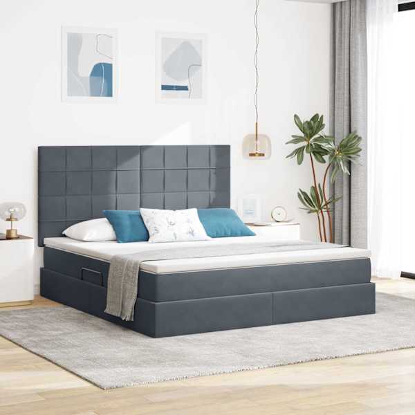 LED-valgustusega voodiraam peatsiga koos madratsiga, tumehall, 160 × 200 cm, samet — mudel 3372676