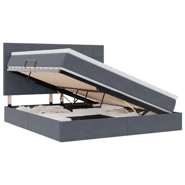 LED-valgustusega voodiraam peatsiga koos madratsiga, tumehall, 160 × 200 cm, samet — mudel 3372676