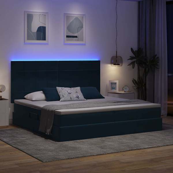 LED-valgustusega voodiraam peatsiga koos 2 madratsiga, tumesinine, 200 × 200 cm, samet — mudel 3372691