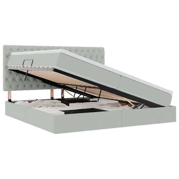 LED-valgustusega voodiraam peatsiga koos 2 madratsiga, helehall, 200 × 200 cm, samet — mudel 3372747