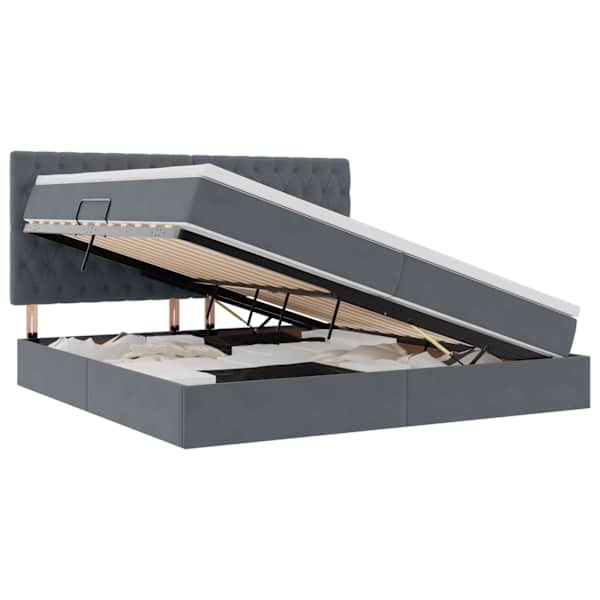LED-valgustusega voodiraam peatsiga koos 2 madratsiga, tumehall, 200 × 200 cm, samet — mudel 3372748