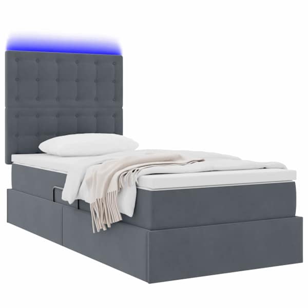 LED-valgustusega voodiraam peatsiga koos madratsiga, tumehall, 90 × 190 cm, samet — mudel 3372754