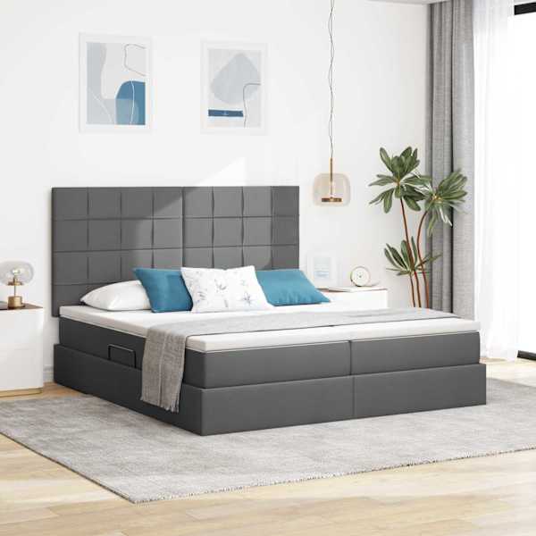 LED-valgustusega voodiraam peatsiga koos 2 madratsiga, 2 voodiraami, tumehall, 200 × 200 cm, kangas — mudel 3372840