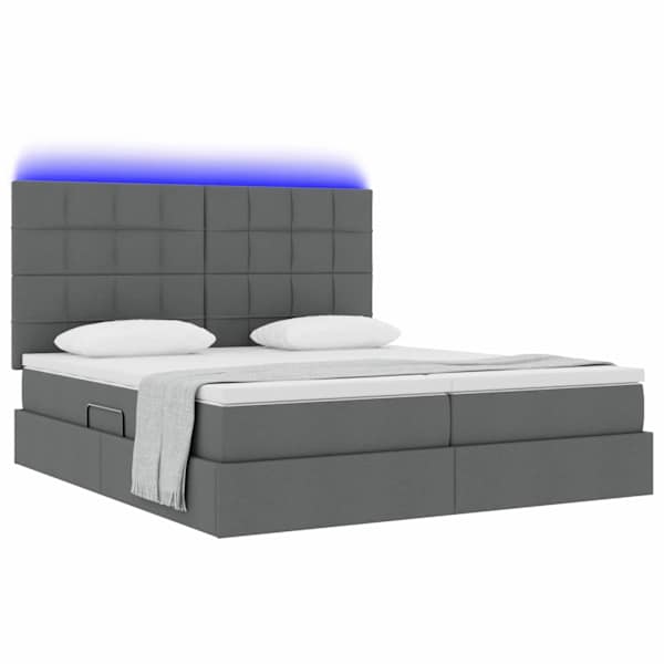 LED-valgustusega voodiraam peatsiga koos 2 madratsiga, 2 voodiraami, tumehall, 200 × 200 cm, kangas — mudel 3372840