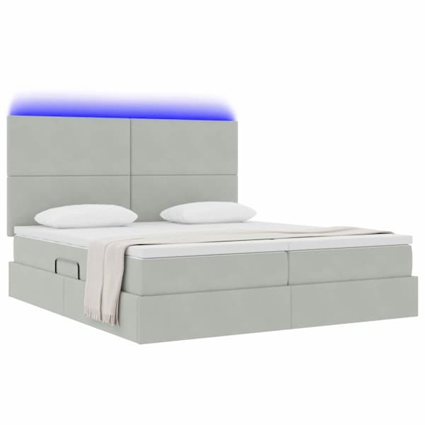 LED-valgustusega voodiraam peatsiga koos 2 madratsiga, 2 voodiraami, helehall, 180 × 200 cm, samet — mudel 3372869