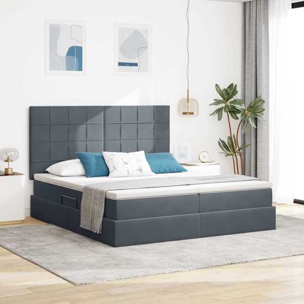 LED-valgustusega voodiraam peatsiga koos 2 madratsiga, 2 voodiraami, tumehall, 200 × 200 cm, samet — mudel 3372888