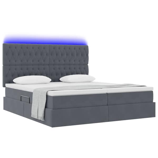 LED-valgustusega voodiraam peatsiga koos 2 madratsiga, 2 voodiraami, tumehall, 200 × 200 cm, samet — mudel 3372900