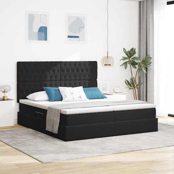 LED-valgustusega voodiraam peatsiga koos 2 madratsiga, 2 voodiraami, must, 200 × 200 cm, samet — mudel 3372901