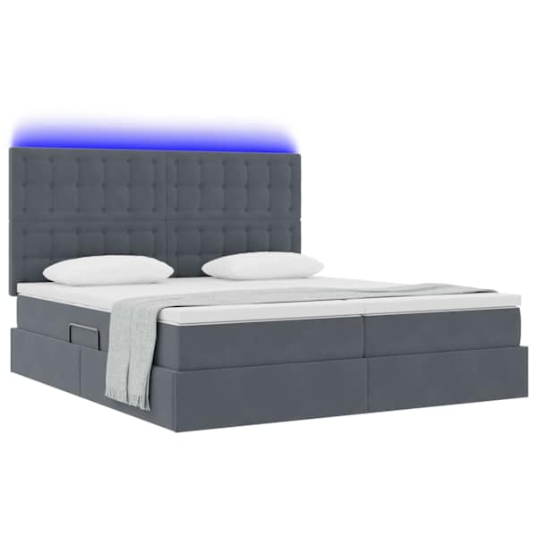 LED-valgustusega voodiraam peatsiga koos 2 madratsiga, 2 voodiraami, tumehall, 200 × 200 cm, samet — mudel 3372912