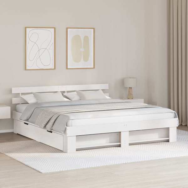 Sahtlitega voodiraam peatsiga, valge, 200 × 200 cm, männipuit — mudel 3382263