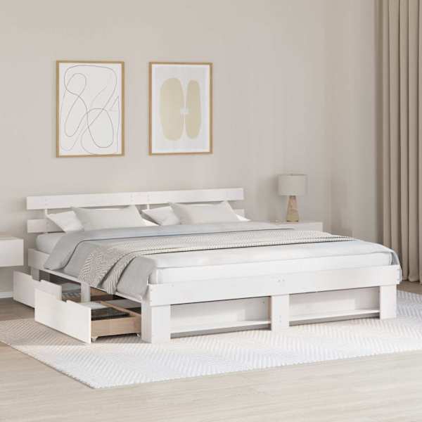 Sahtlitega voodiraam peatsiga, valge, 200 × 200 cm, männipuit — mudel 3382263