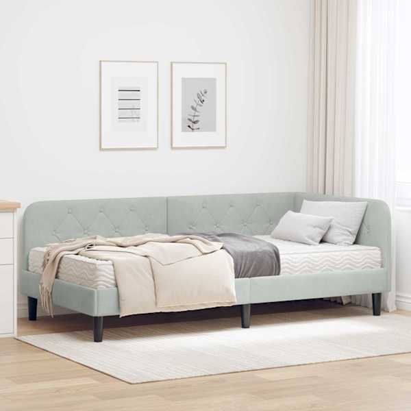Nurgavoodiraam koos madratsiga, helehall, 100 × 200 cm, samet — mudel 3394164