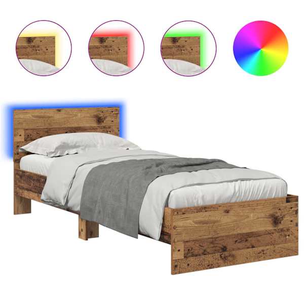 LED-valgustusega voodiraam peatsiga, vana puit, 75 × 190 cm, tehispuit — mudel 885841