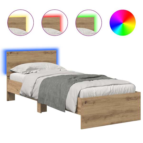 LED-valgustusega voodiraam peatsiga, Artisan tamm, 75 × 190 cm, tehispuit — mudel 885842