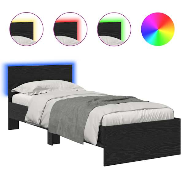LED-valgustusega voodiraam peatsiga, must tamm, 75 × 190 cm, tehispuit — mudel 885843
