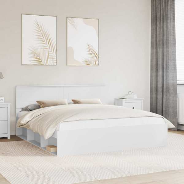 Voodiraam peatsiga, valge, 180 × 200 cm, tehispuit — mudel 3407841