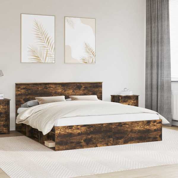 Voodiraam peatsiga, suitsutatud tamm, 180 × 200 cm, tehispuit — mudel 3407845