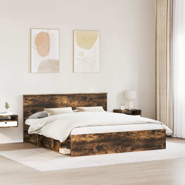 Voodiraam peatsiga, suitsutatud tamm, 180 × 200 cm, tehispuit — mudel 3407845