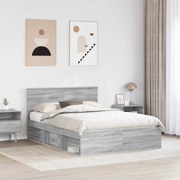 Voodiraam peatsiga, hall sonoma, 140 × 190 cm, tehispuit — mudel 3407873